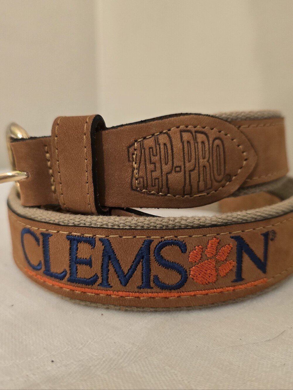 ZEP-Pro Clemson Embroidered Leather Belt — Brown with Blue and Orange Size 38